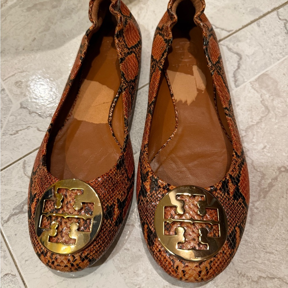 Tory Burch Tan Snake Print Flats with Gold Logo